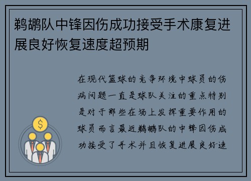 鹈鹕队中锋因伤成功接受手术康复进展良好恢复速度超预期