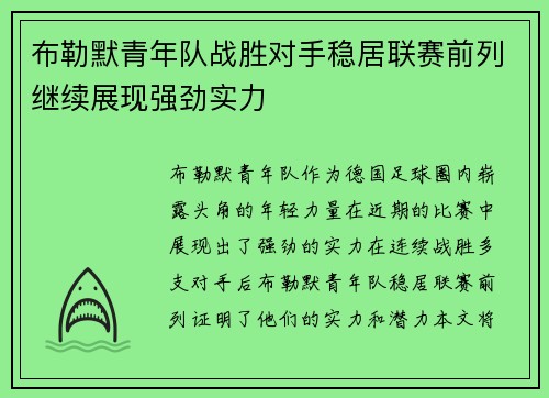 布勒默青年队战胜对手稳居联赛前列继续展现强劲实力