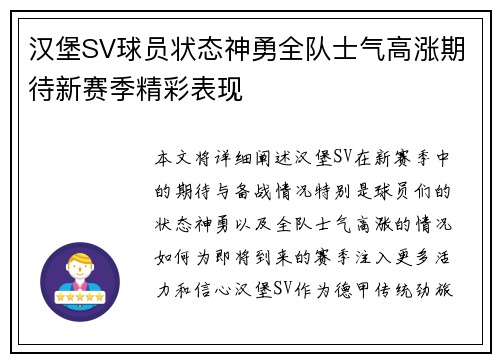 汉堡SV球员状态神勇全队士气高涨期待新赛季精彩表现