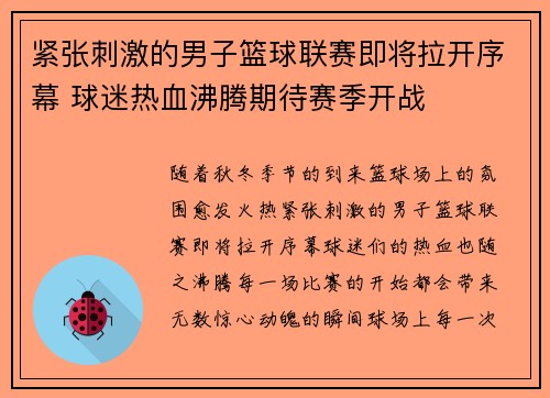 紧张刺激的男子篮球联赛即将拉开序幕 球迷热血沸腾期待赛季开战