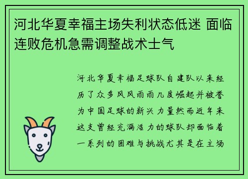 河北华夏幸福主场失利状态低迷 面临连败危机急需调整战术士气