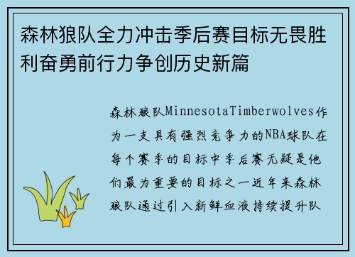 森林狼队全力冲击季后赛目标无畏胜利奋勇前行力争创历史新篇